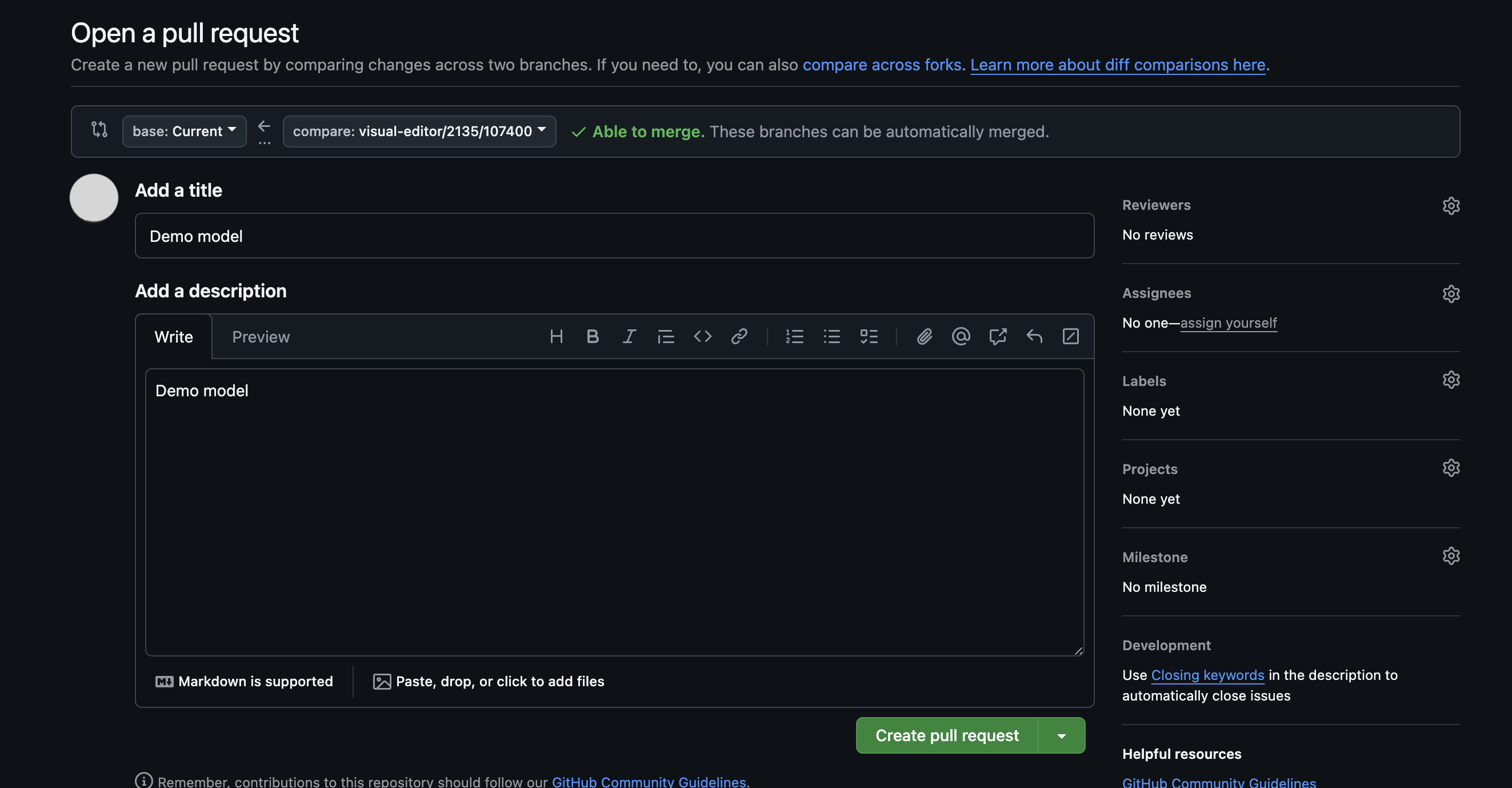 Example of the screen you're taken to in GitHub when you create a pull request from Canvas.