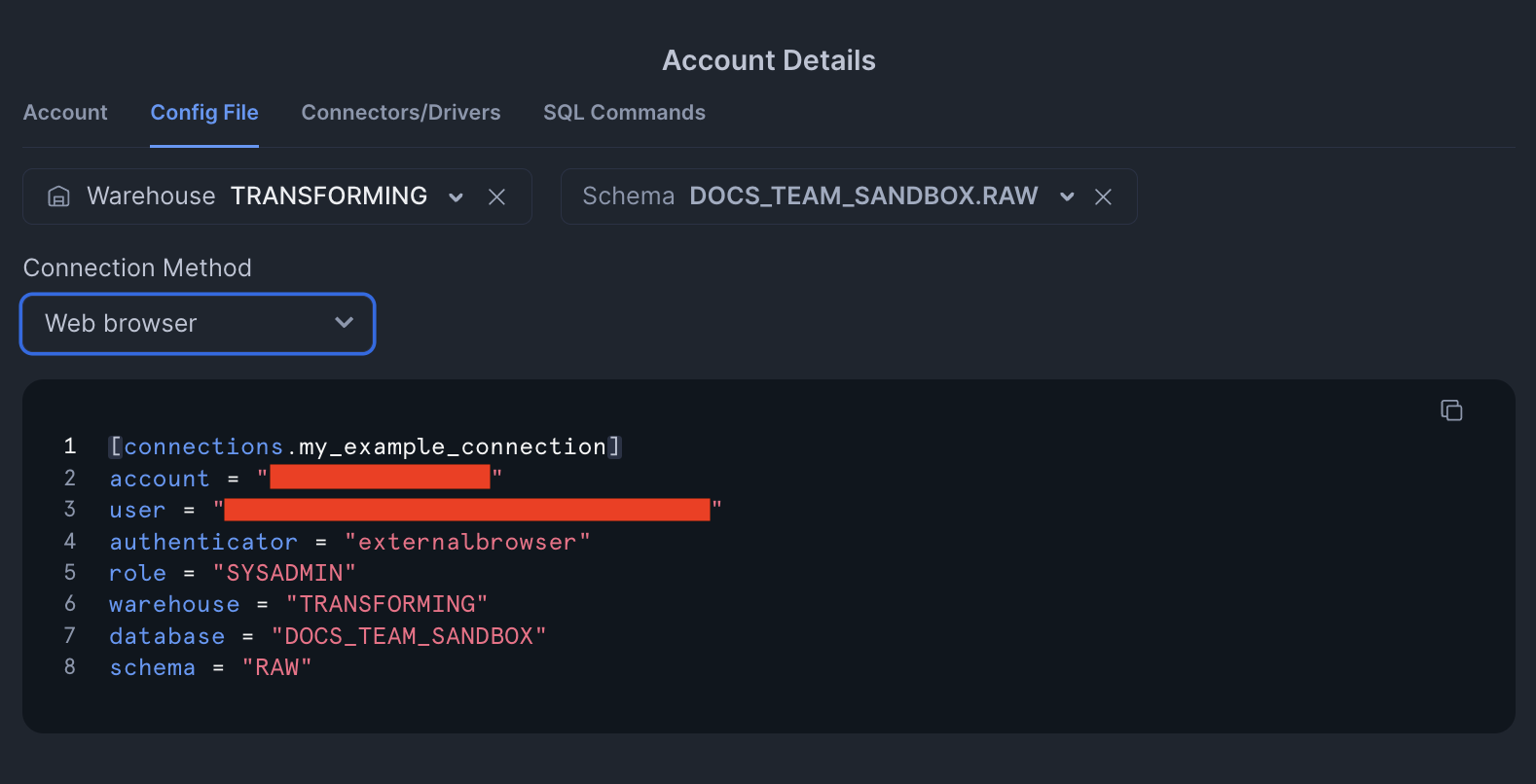 Sample config file in Snowflake.